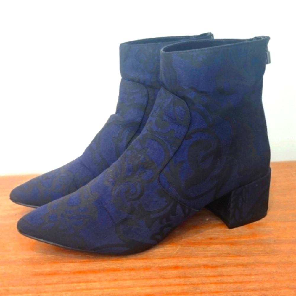 Karl Lagerfeld Paris "Maude" blue and black brocade floral pointed ankle boot